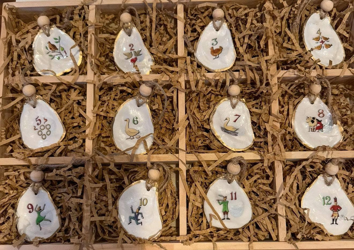 Handcrafted 12 Days Christmas Oyster Shell Ornament Set