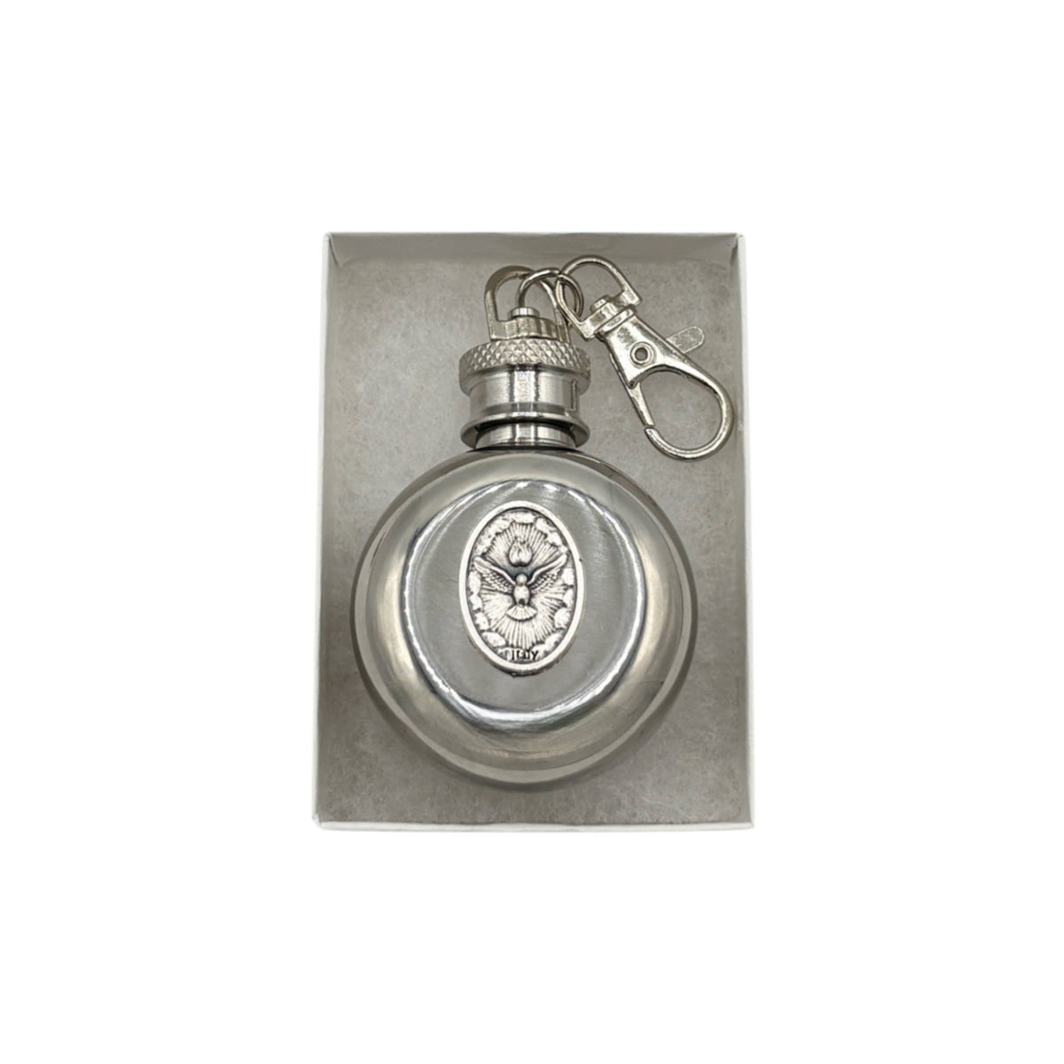 Holy Water Flask - Holy Spirit Round SS w/ Keychain   1 oz