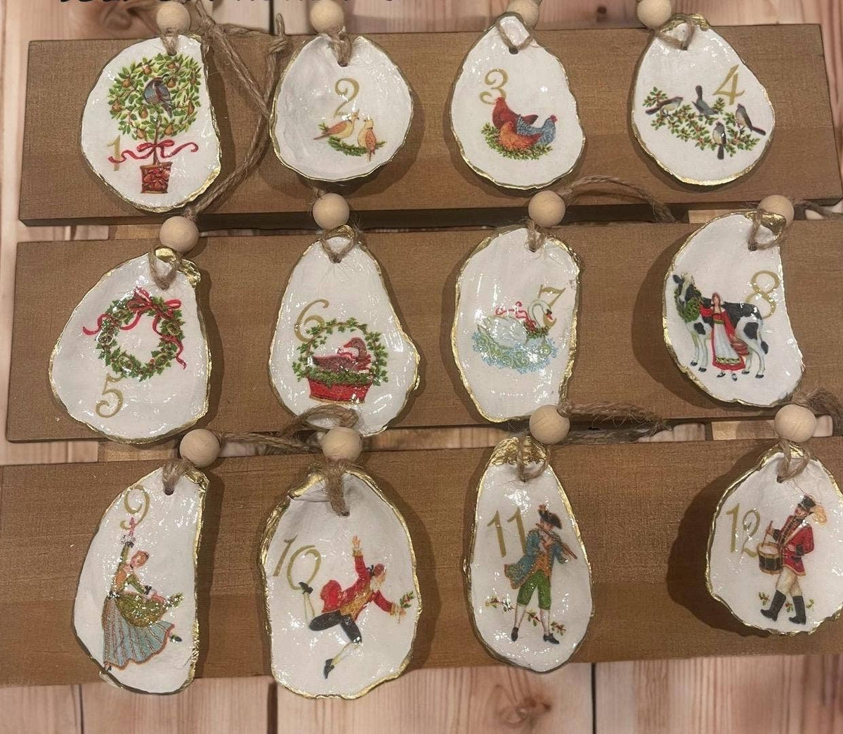 Handcrafted 12 Days Christmas Oyster Shell Ornament Set