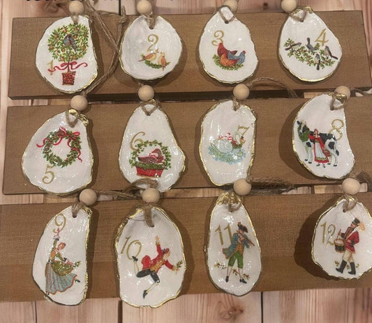 Handcrafted 12 Days Christmas Oyster Shell Ornament Set