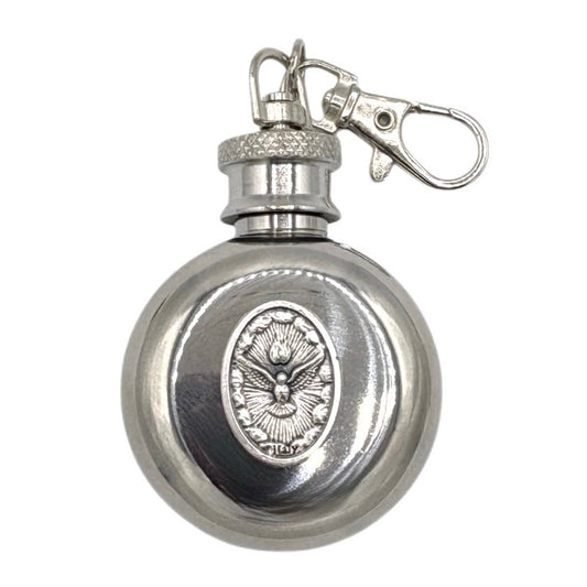 Holy Water Flask - Holy Spirit Round SS w/ Keychain   1 oz