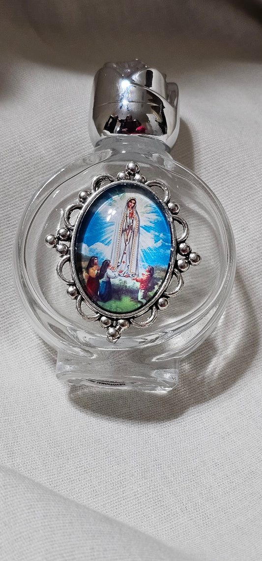 Holy Water Bottle - Lady of Fatima Encase w/ Rose Top 2.5"